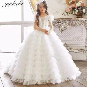 Exquisite White Ball Gown Puffy Flower Girls Dress For Wedding 2025 Princess Tulle Ruffle Tiered Appliques First Communion Gowns