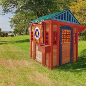 Eco-friendly Outdoor Wooden 4-in-1 Game House Kids Garden Playhouse Different Games Every Surface Solid 61.4″Lx45.98″Wx64.17″H