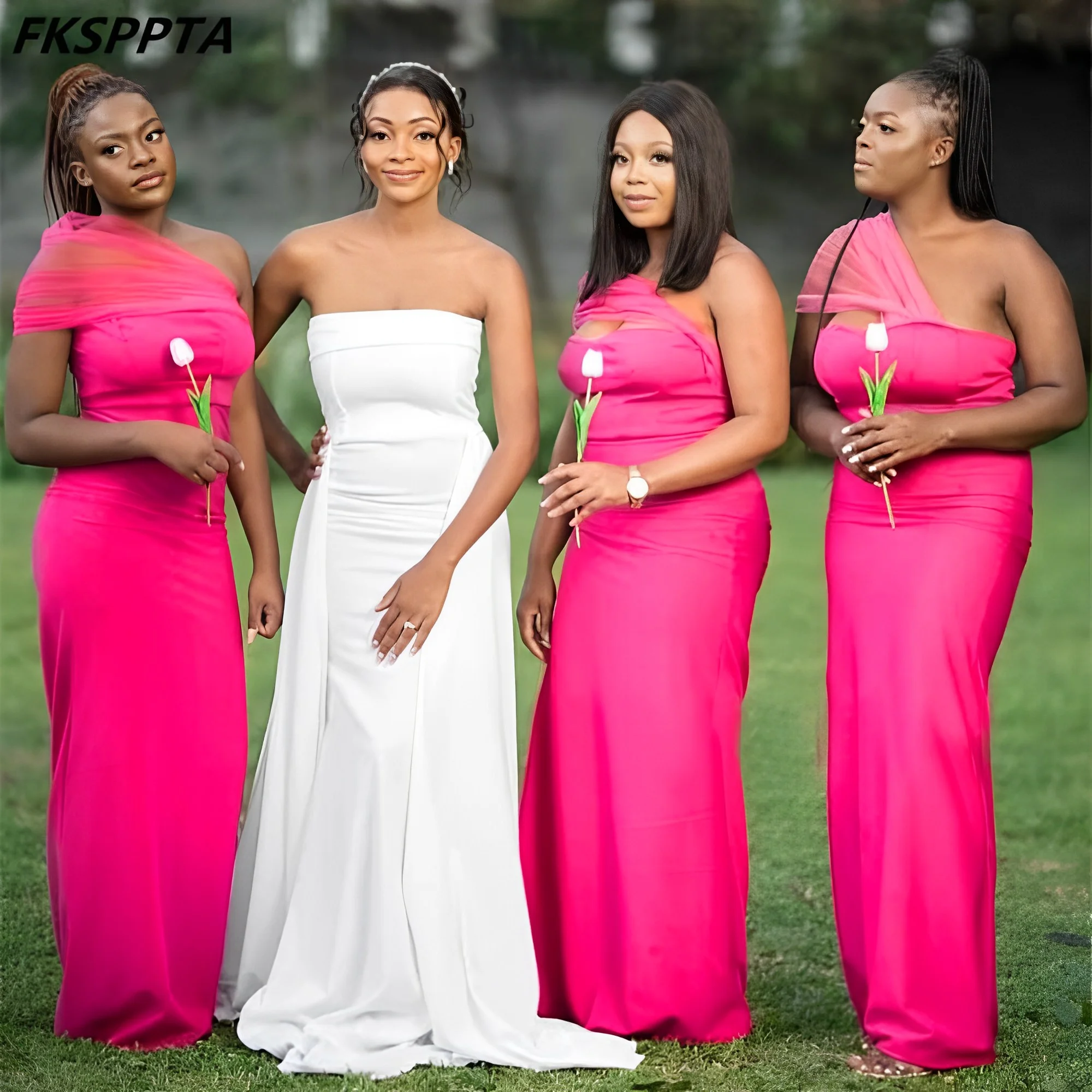 Custom Made Long Fuchsia African Bridesmaid Dresses One Shoulder Straight High Quality Maids Of Honor Gowns For Wedding Party