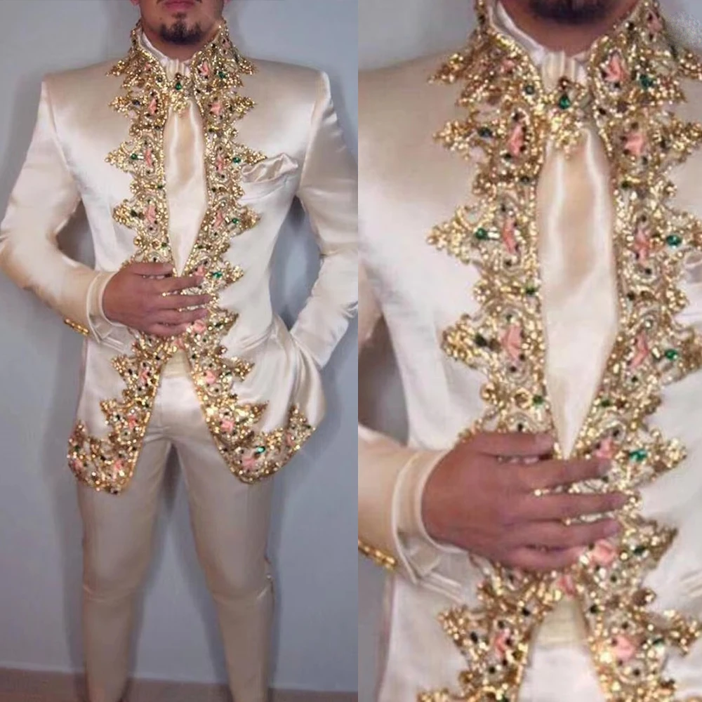 Men Suit Two Piece Jacket+Pants Stand Collar Slim Fit Suits for Men Blazer Customized Wedding Party Formal Occasion Groom