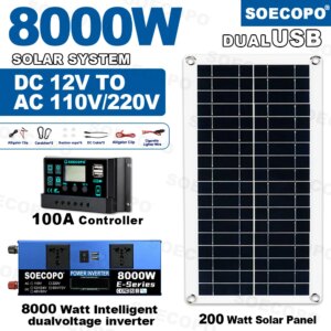 8000W Solar System Complete Kit Dual12V/24V To 110V/220V 100A Controller 200W Panel Off-Grid Inverter for Home/Camping Backup