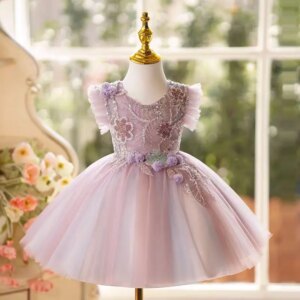 Jill Wish Floral Lilac Flower Girl Dress Knee Length Sleeveless Lace for Eid Princess Wedding Toddler Birthday Party Gowns J481