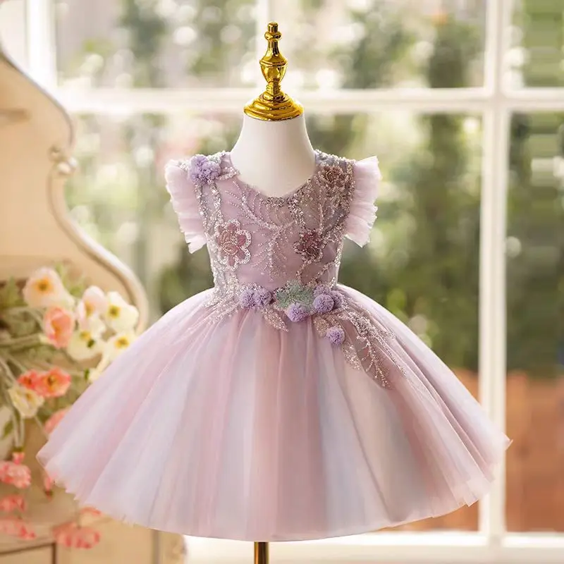 Jill Wish Floral Lilac Flower Girl Dress Knee Length Sleeveless Lace for Eid Princess Wedding Toddler Birthday Party Gowns J481