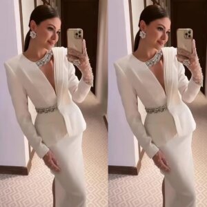 Elegant Crystal Formal Evening Dress Suit 2 Pieces V Neck Blazer And Skirt Set Customized Wedding Guest Dress Prom Male Outfit