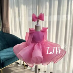 New pink straight  shoulder girl wedding dress soft lace girl 2025 Bow Carnival, party princess dress Cute girl ritual dress
