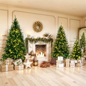 8FT 6FT 4FT PreLit Green Pine Artificial Christmas Tree Set of 3 Hinged Xmas Trees with 820 WarmYellow LED Lights and 2539 Bran