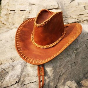 Leather vintage cowboy Knight Hat visor unisex large cornice rolled-up top hand-made old