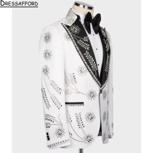 White Suits Men For Wedding 3 Pieces Jacket Vest Pants Crystal Beaded Diamond Groom Tuxedo Formal Business Banquet