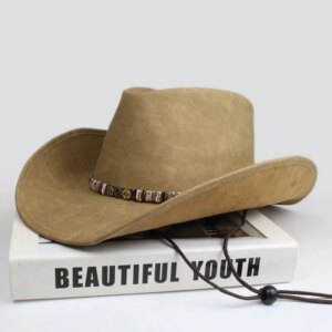 Make old woven leather belt men’s and women’s large brimmed cowboy hat windproof sunshade warm top