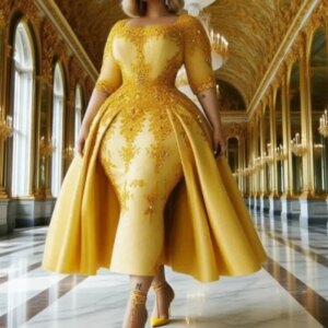 Mermaid Evening Gowns Women Formal Occasion Wedding Party Dress Gold Lace Plus Size Prom Dress Half Long Sleeves