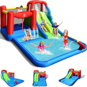 Inflatable Water Slide, Mega Water Bounce House with 2 Slide & Ball Pit Wet Dry for Kids Outdoor Backyard Fun with Splash Pool,