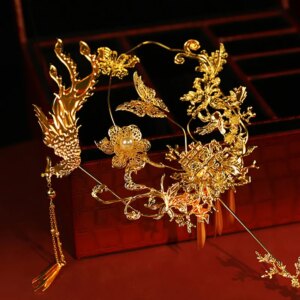 Xiuhe Headdress Handmade Fan Golden Holding Ancient Style Han Chinese Clothing Wedding Dress and Gown Ornament