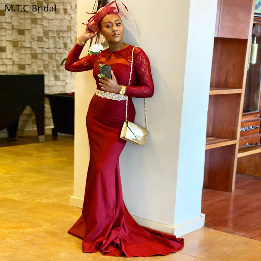 2025 Plus Size Burgundy Mermaid Bridesmaid Dresses Full Sleeves Silver Crystals Belt Satin Lace Maids Of Honor Gowns Customized
