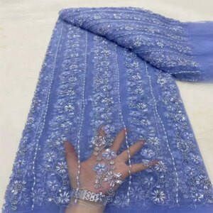 2024 High Quality Fashion French Mesh Embroidery Sequins Lace Fabric African Nigerian Beaded Tulle Lace Fabric For Wedding Dress