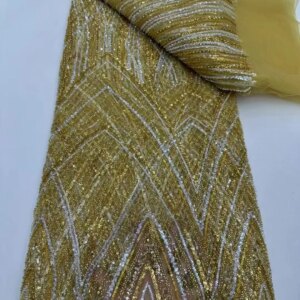 African Gold Beads French Mesh Sequins Fabrics High Quality 2025 Sequence Tulle Lace Beaded Embroidered Lace For Sewing KB4545