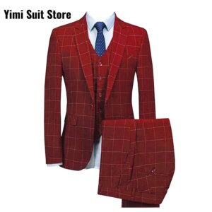 Men’s Striped Plaid Suit 3-piece Peaked Lapel Single Breasted Banquet Luxury Groom Tuxedo for Weeding Tuxedo Jacket+Vest+Pants