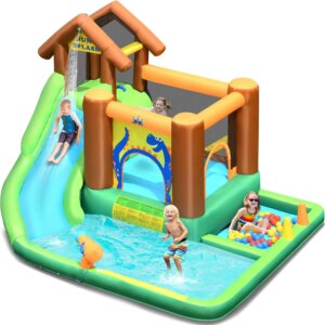 Inflatable Water Slide, 6 in 1 Kids Water Park Bounce House Combo for Outdoor Fun w/Splash Pool, Climbing Wall, Blow up Water Sl