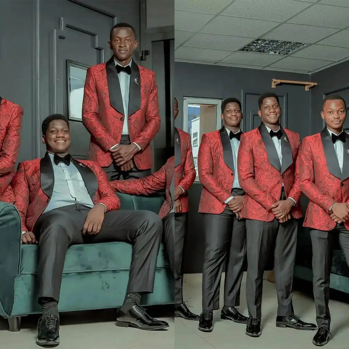 Dark Red Pattern Men Wedding Tuxedos Shawl Lapel One Button Groomsmen Guest Formal Wear 2 Pieces Black Pants