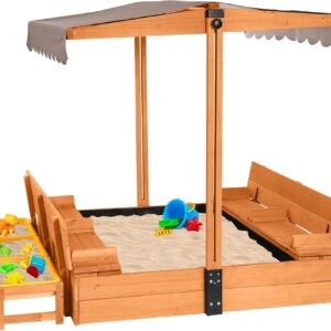 Kids Wooden Sandbox for Backyard, Large Sand Box with 2 Bench Seats and Toy Bin Storage- Bottomless Sand Pit