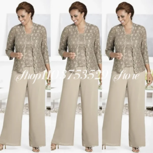 Modern Mother of the Bride Dress 2025 Modern Khaki Lace Appliqué Jacket Trouser Set Custom Formal Ball Gowns trouwjurk