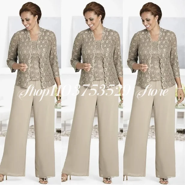Modern Mother of the Bride Dress 2025 Modern Khaki Lace Appliqué Jacket Trouser Set Custom Formal Ball Gowns trouwjurk