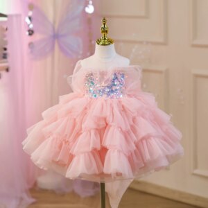 Dreamy Vow Adorable O-Neck Sequined Tulle Pink Flower Girl Dress With Bow Wedding Birthday Holiday Party Summer Prom Gown J824