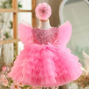 Pink sequin cake dress Flower Princess tuxedo tutu Birthday party banquet high-end custom fashion luxury dress2-10 years old