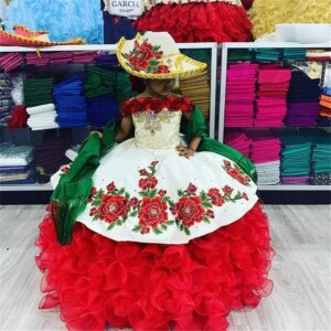 Mexican Kids Mini Quinceanera Dresses Charro Organza Appliques Flower Girl Dresses For Weddings Pageant Dresses Baby Customized