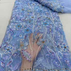 5 Yards Dubai Lace Fabrics Quality 2024 Sky Blue African Nigerian Beaded Lace Fabric Sequin Dresses For Wedding Sewing KB4711