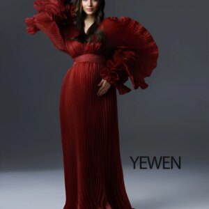 Burgundy Fashion Pleated Maternity Dress for Photoshoot Long Sleeves Sheer Pregnancy Gown Baby Shower YW243116-1