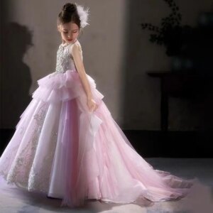 Jill Wish Luxury Pink Beading Arabic Lace Girl Dress Court Train Princess Wedding Birthday Pageant Party Evening Ball Gown J125