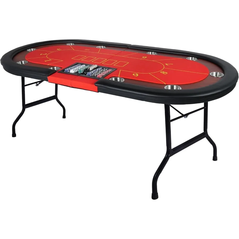 Upgrade 84" Folding Poker Table, 10 Players Oval Card Table with Stainless Steel Cup Holders & Padded Rails, Casino Leisure Felt