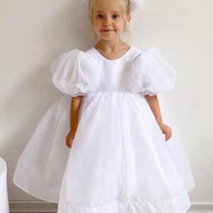 Lovely Fluffy Flower Girl Dress For Wedding Princess Lantern Sleeves Elegant Bow Birthday Party Tea Length First Communion Gowns