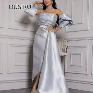 Boat Collar Satin Evening Dress with Beaded Crystal Sheath Sexy Open Back Detachable Sleeve Prom Gown with Court Customized