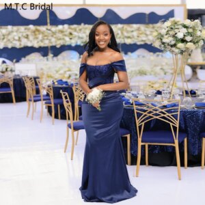 Elegant Navy Mermaid Bridesmaid Dresses For Black Girls 2025 Custom Made Off The Shoulder Sequin Satin Shiny Maids Of Honor Gown