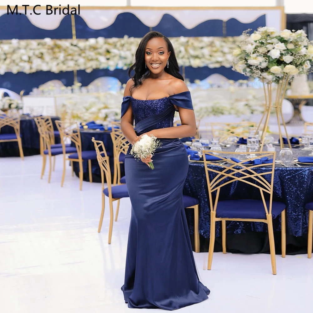 Elegant Navy Mermaid Bridesmaid Dresses For Black Girls 2025 Custom Made Off The Shoulder Sequin Satin Shiny Maids Of Honor Gown