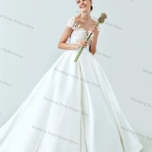White Satin Women Wedding Dress Sexy Sheer Neck Appliqued Bridal Party Robe Sweep Train Evening Gowns Customized Skirt For Photo