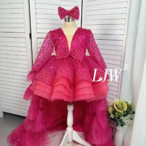Custom flower girl graduation gowns, beautiful puffy hot pink sequin and bow crepe dresses, elegant birthday PROM dresses with