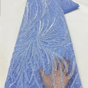 5 Yards Luxury Handmade Beads Lace Fabric Sequin Blue Embroidery Fabric Fashion French Tulle Mesh Lace Fabric for Wedding Dress