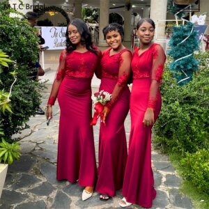 Plus Size Mermaid Bridesmaid Dresses 2025 Appliques Tulle Long Sleeves Maids Of Honor Gowns Customized Robe De Soiree Cheap