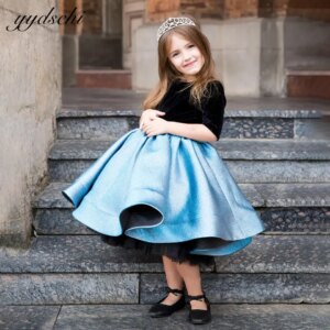 Lovely Blue Velvet Half Sleeves Flower Girl Dresses For Wedding 2025 Princess A-Line Puffy Birthday Party First Communion Gowns