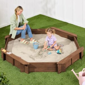 Kid’s Large Octagonal Wooden Outdoor Sandbox with Cover w/ 4 Reinforced Benches, 8 Seats, XL Sandpit, Bottom Liner – Walnut