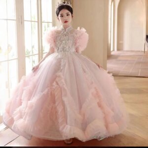 Jill Wish Luxury Pink Dubai Girl Dress Beaded Pearls Arabric Princess Kids Wedding Birthday Party First Communion Ball Gown J267
