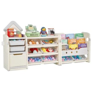 Kids Toy Storage Organizer Bookshelf 4 Tier Cubby Cabinet with 10 Removable Bins for Bedroom Playroom Nursery Gray Beige
