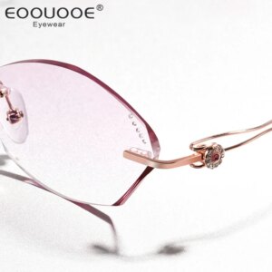 Crystal Designer Eyeglasses Women Rimless Glasses Frame Gradient Pink Lenses Female Myopia  Prescription Reading Spectacles