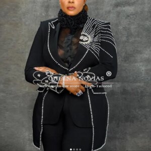 Luxury Black Pants Suit Women Crystals Blazer+Trousers 2 Piece Set Prom Dress Wedding Tuxedo Party Customized Mother’s Dresses