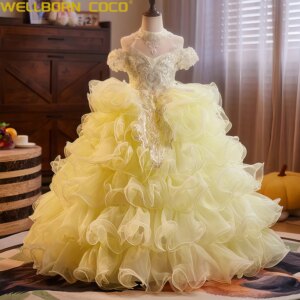 Luxury Girl Host Dress 2025 New Girl Beauty Pageant Evening Dress Light Yellow Performance Dress Princess Birthday Dress Amazing
