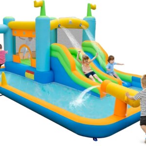 Inflatable Water Slide, Boxing Themed Water Bounce House with Double Waterslides for Kids Backyard, Blow up Jump Castle Water Sl