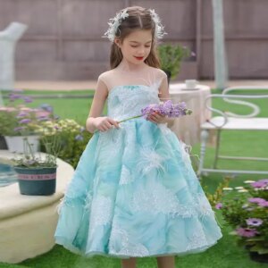 Jill Wish Luxury Turquoise Feathers Flower Girl Dress Princess Kids Wedding Pageant Birthday Performance Party Prom Gown J501