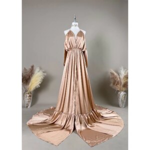 Don&Judy Wedding Birthday Party Women’s Maternity Gowns Formal Wear Silk-like Dress with Front Slit Expecting Mother Photography